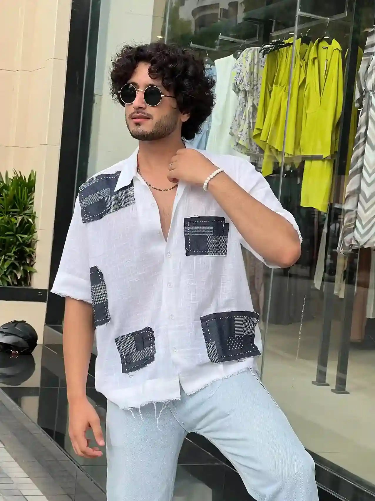 Denim Patched Classic White Shirt