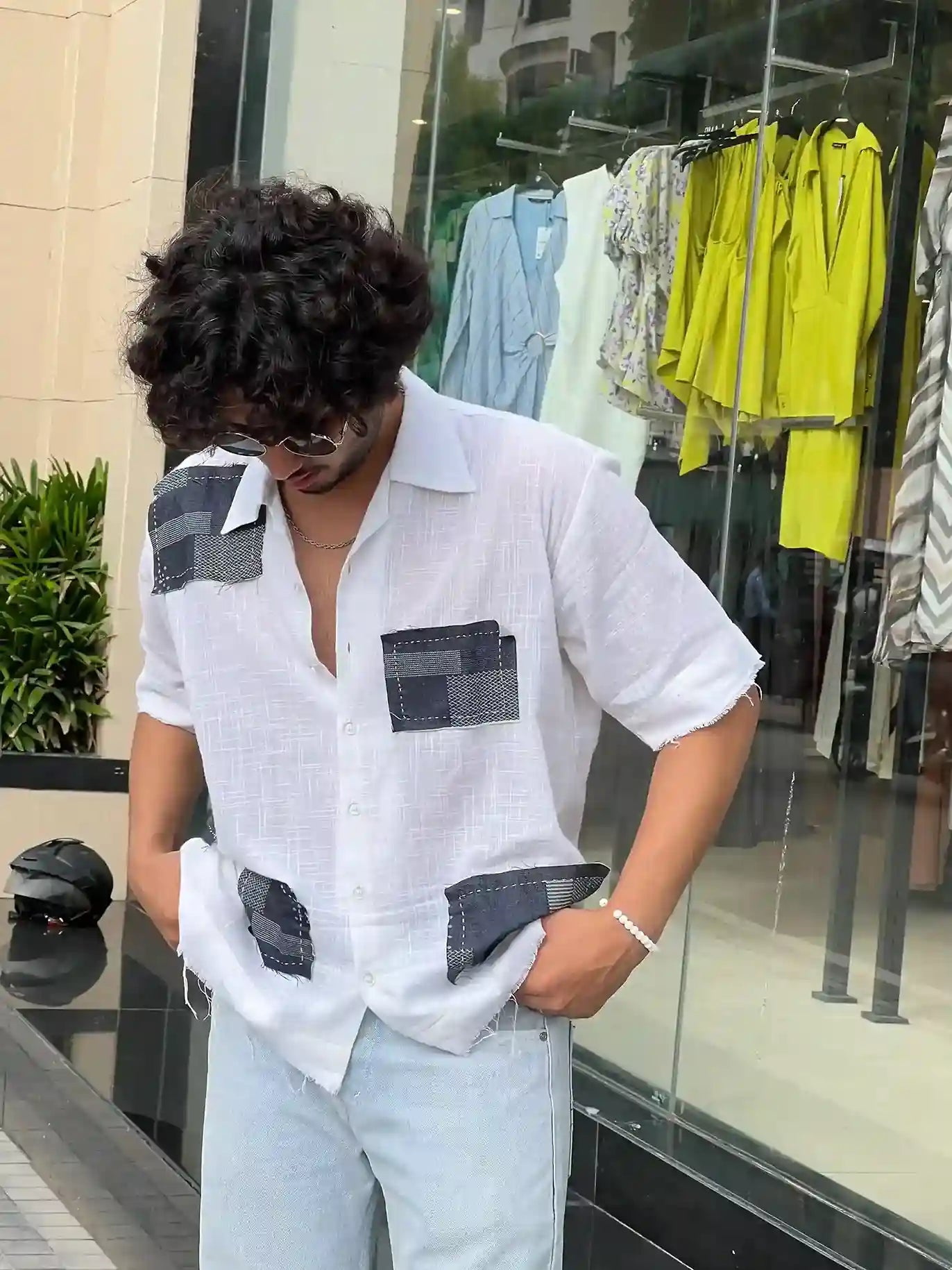 Denim Patched Classic White Shirt