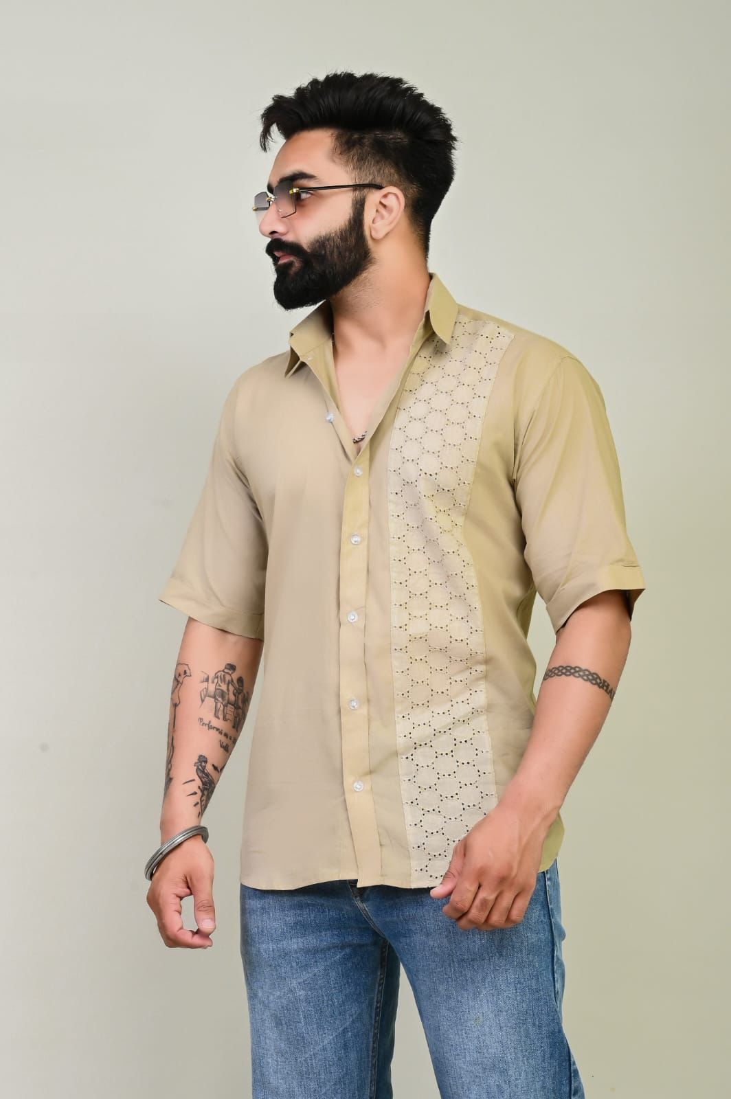 Beige Chikan Patch Cotton Shirt