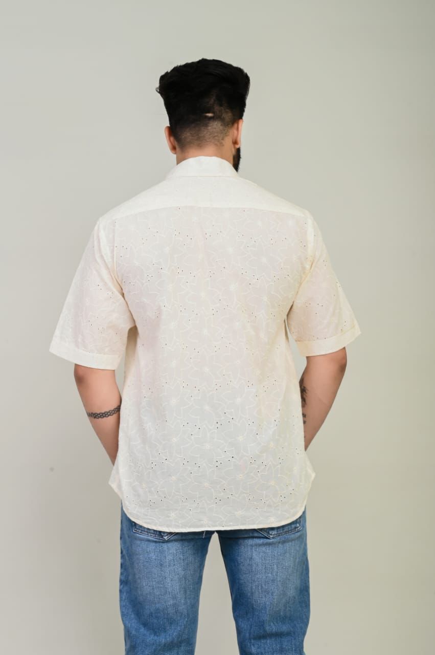 Off White Chikan Pink Thread Embroidery Shirt