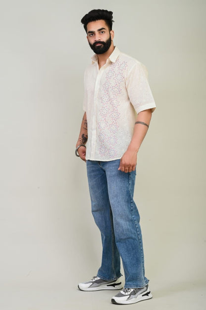 Off White Chikan Pink Thread Embroidery Shirt