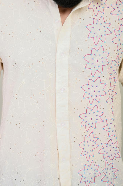 Off White Chikan Pink Thread Embroidery Shirt