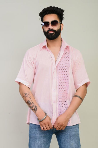 Pink Chikan Patch Cotton Shirt