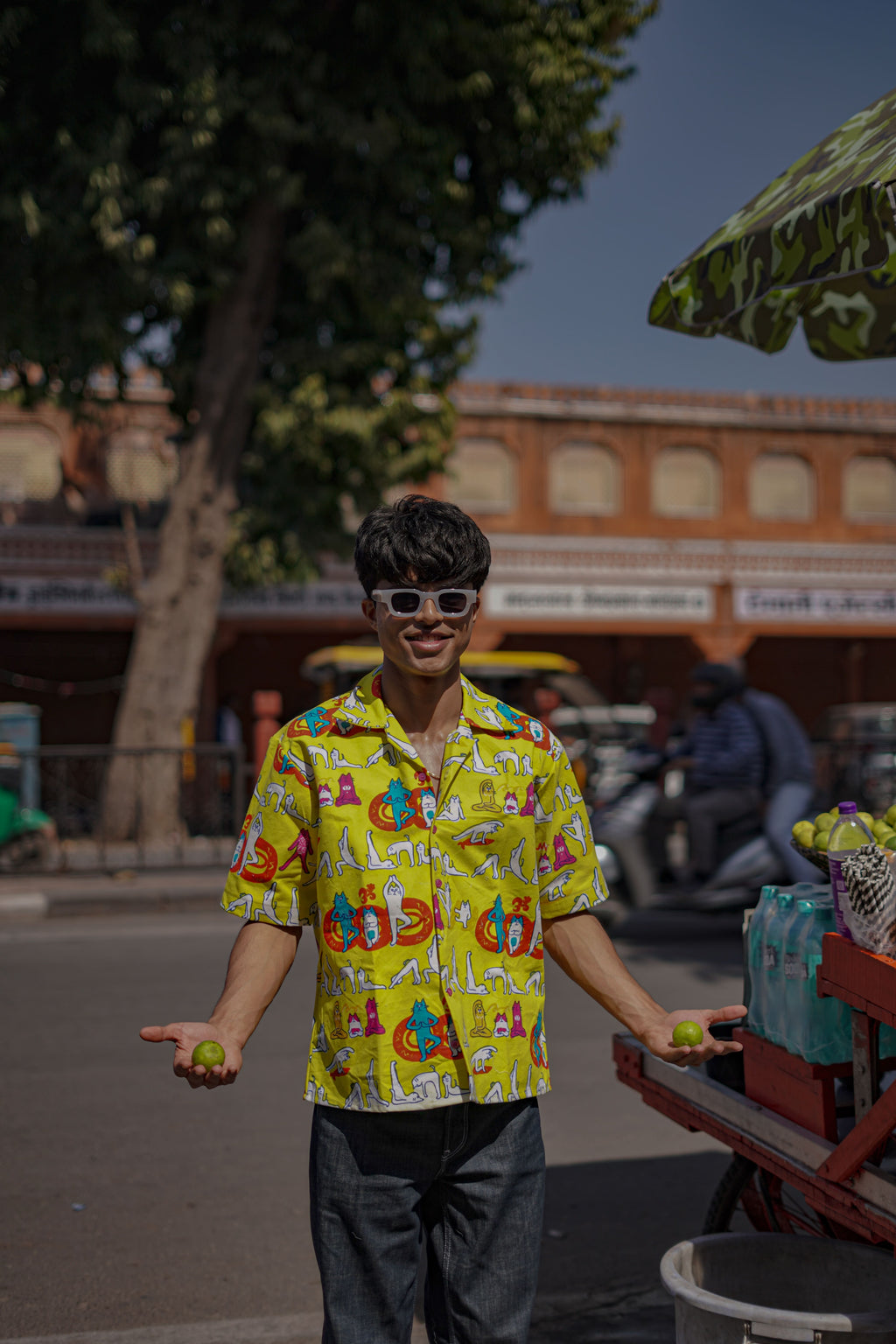 yellow printed denim shirt