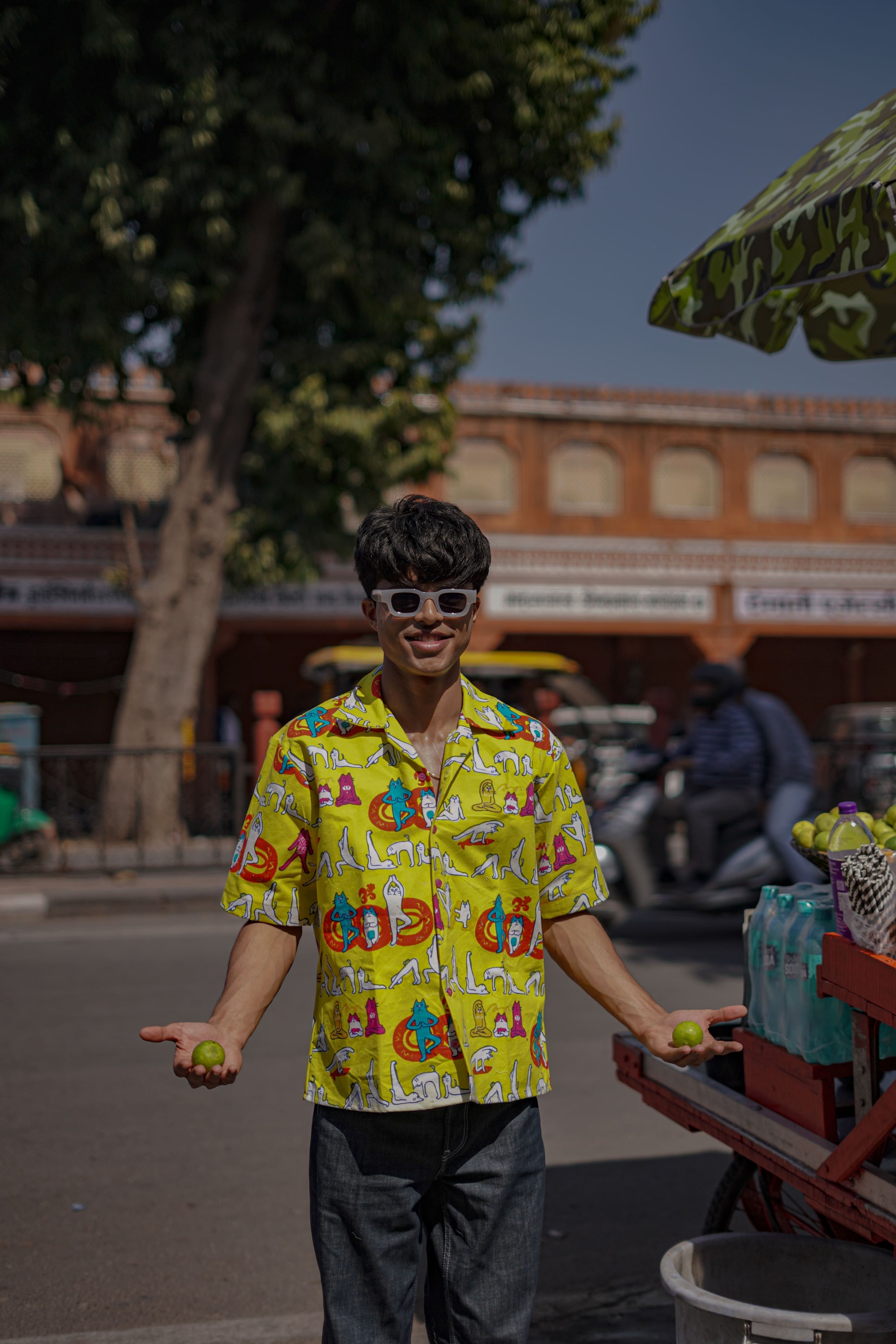 yellow printed denim shirt