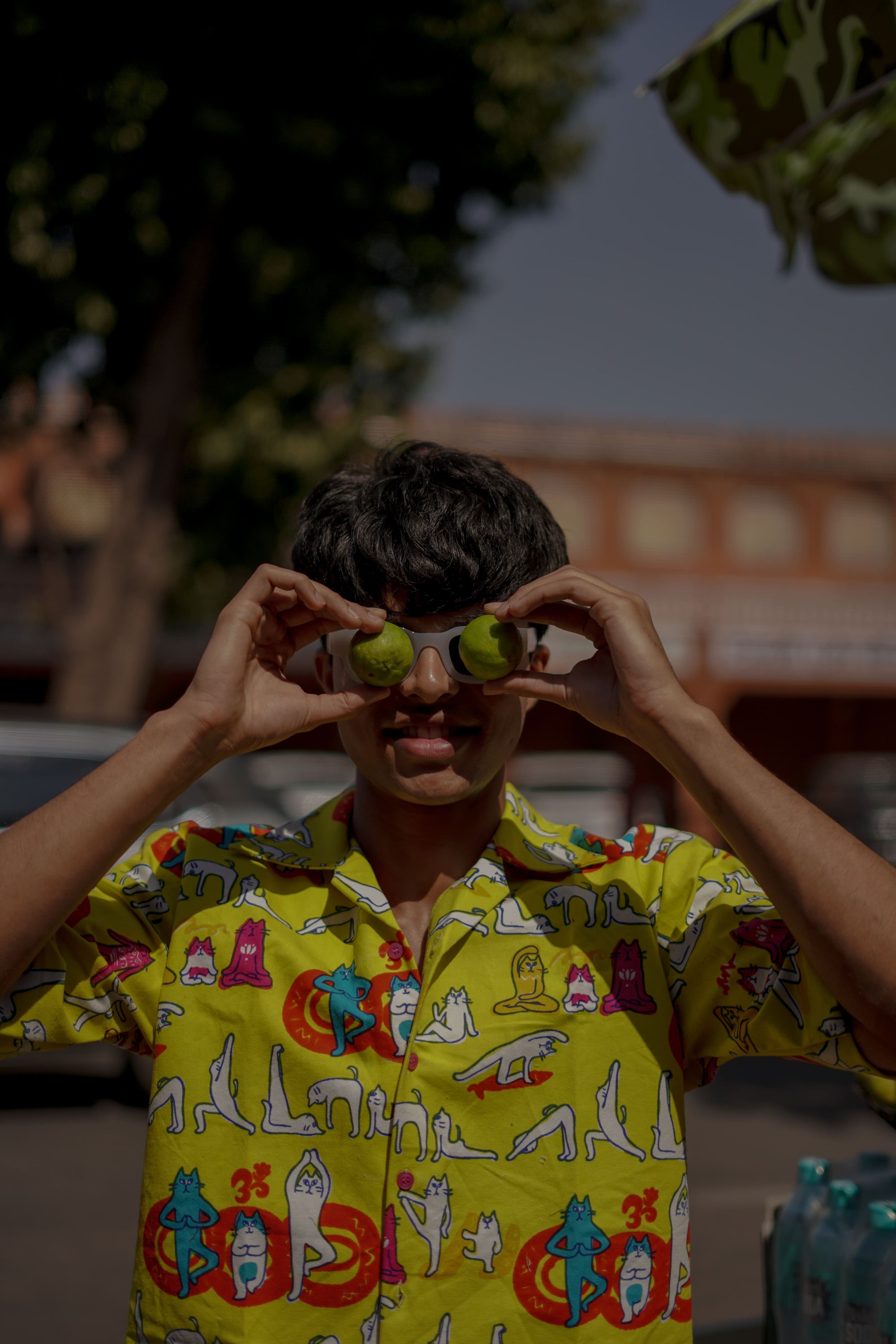 yellow printed denim shirt