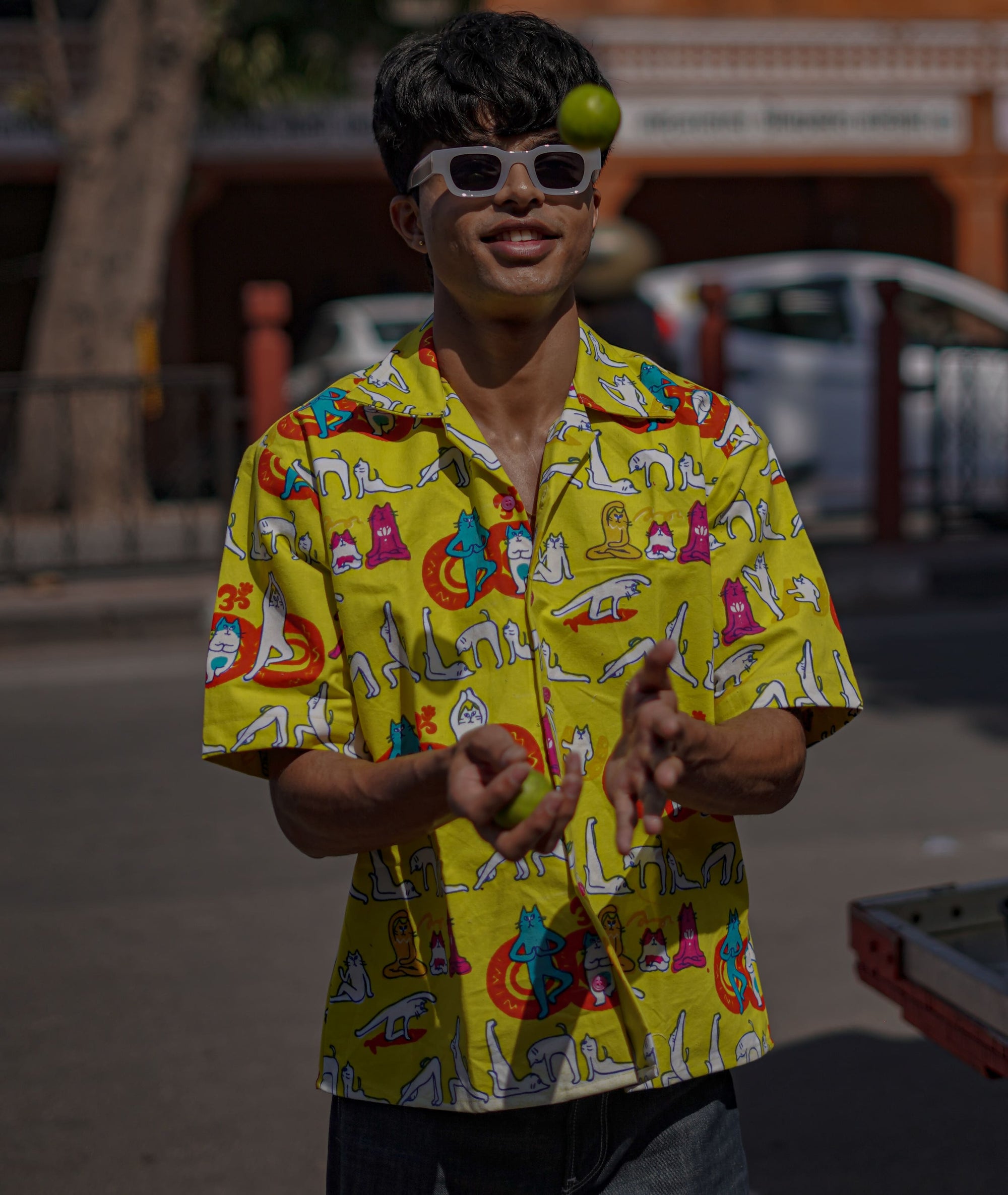 yellow printed denim shirt