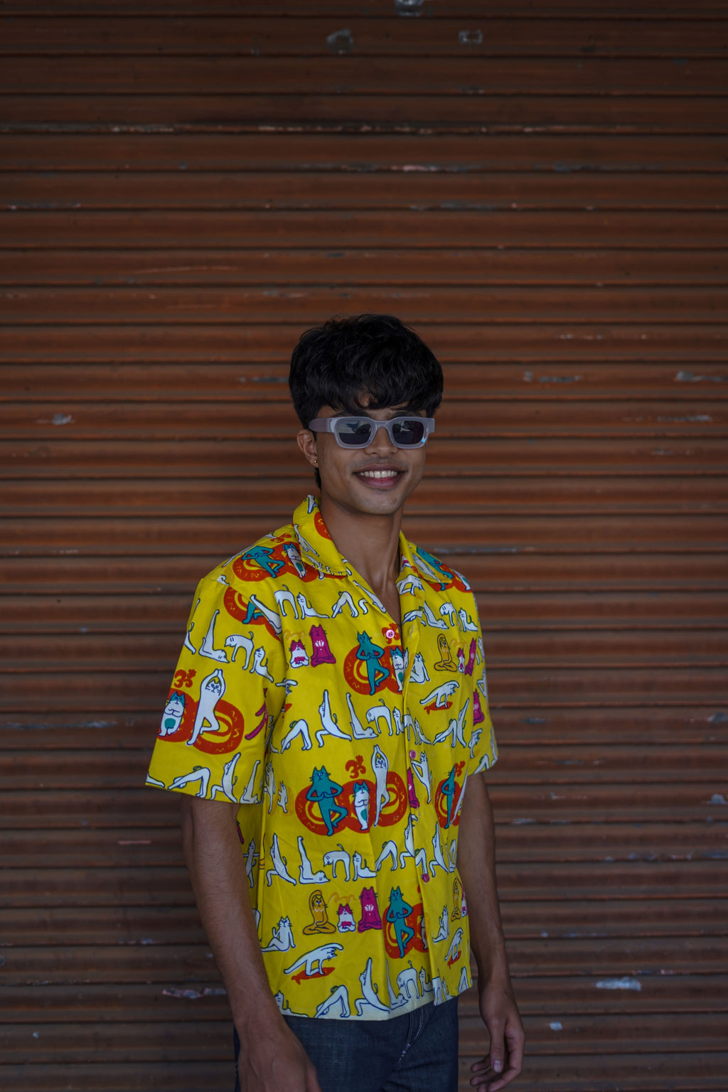yellow printed denim shirt
