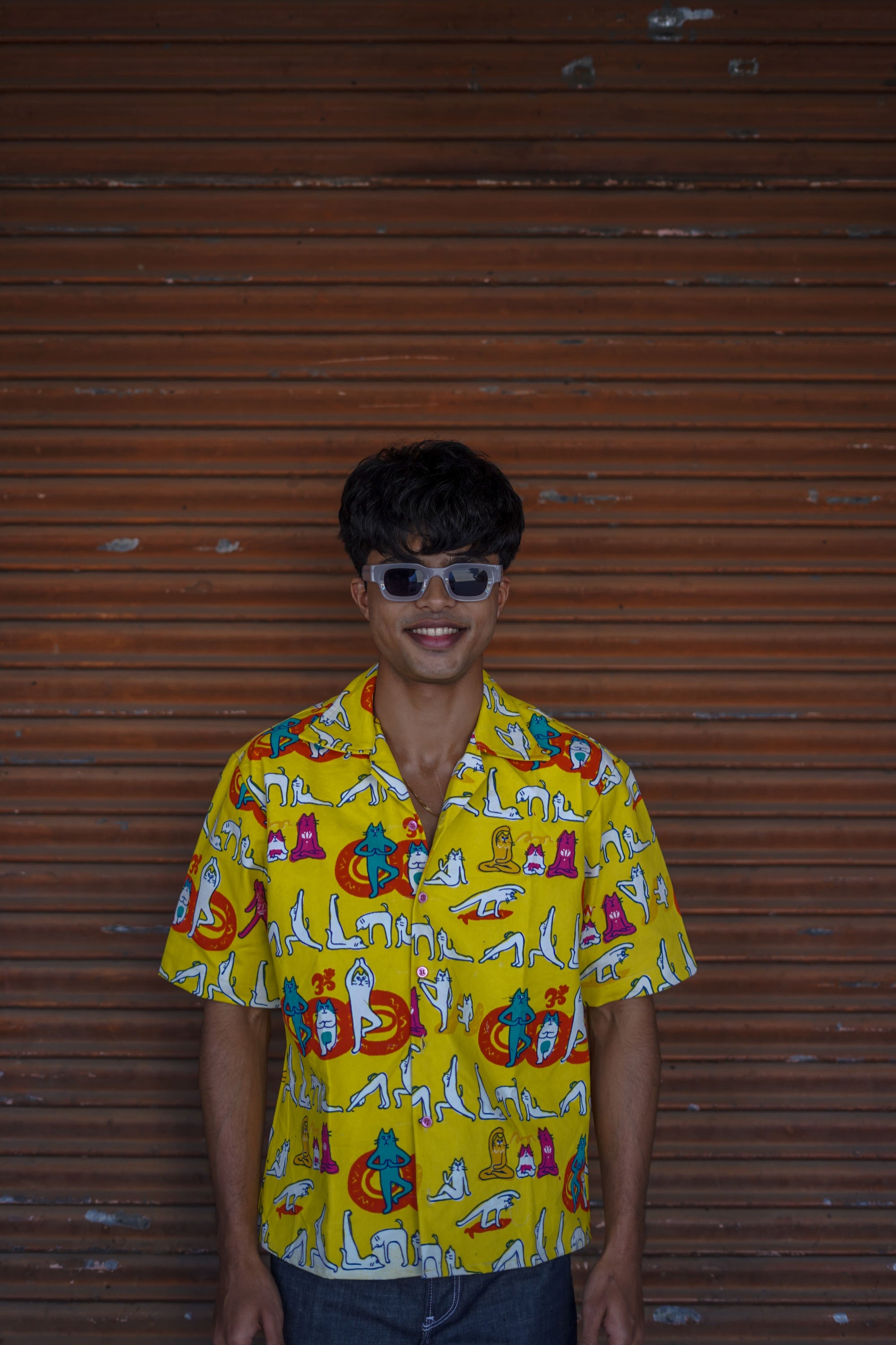 yellow printed denim shirt