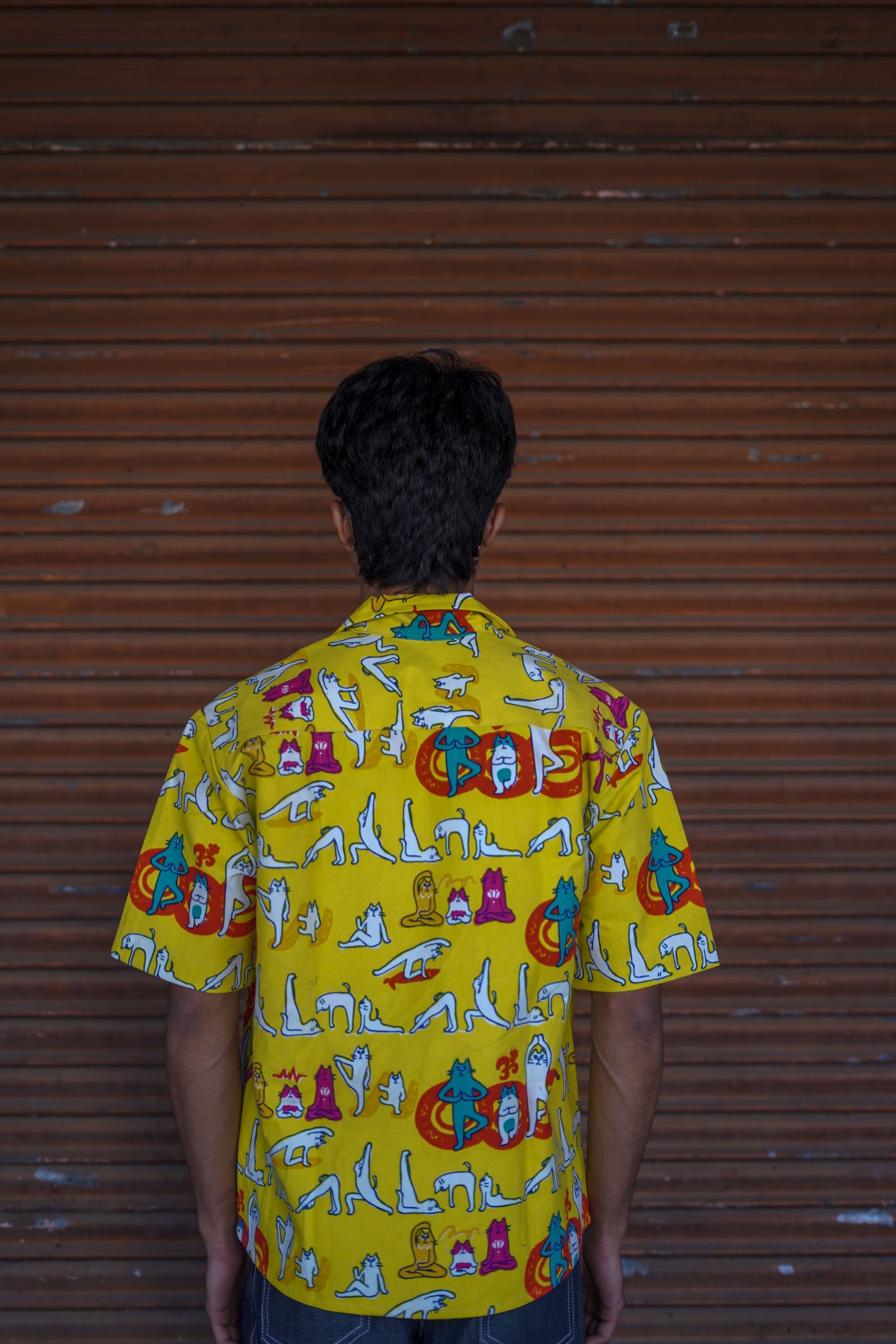 yellow printed denim shirt