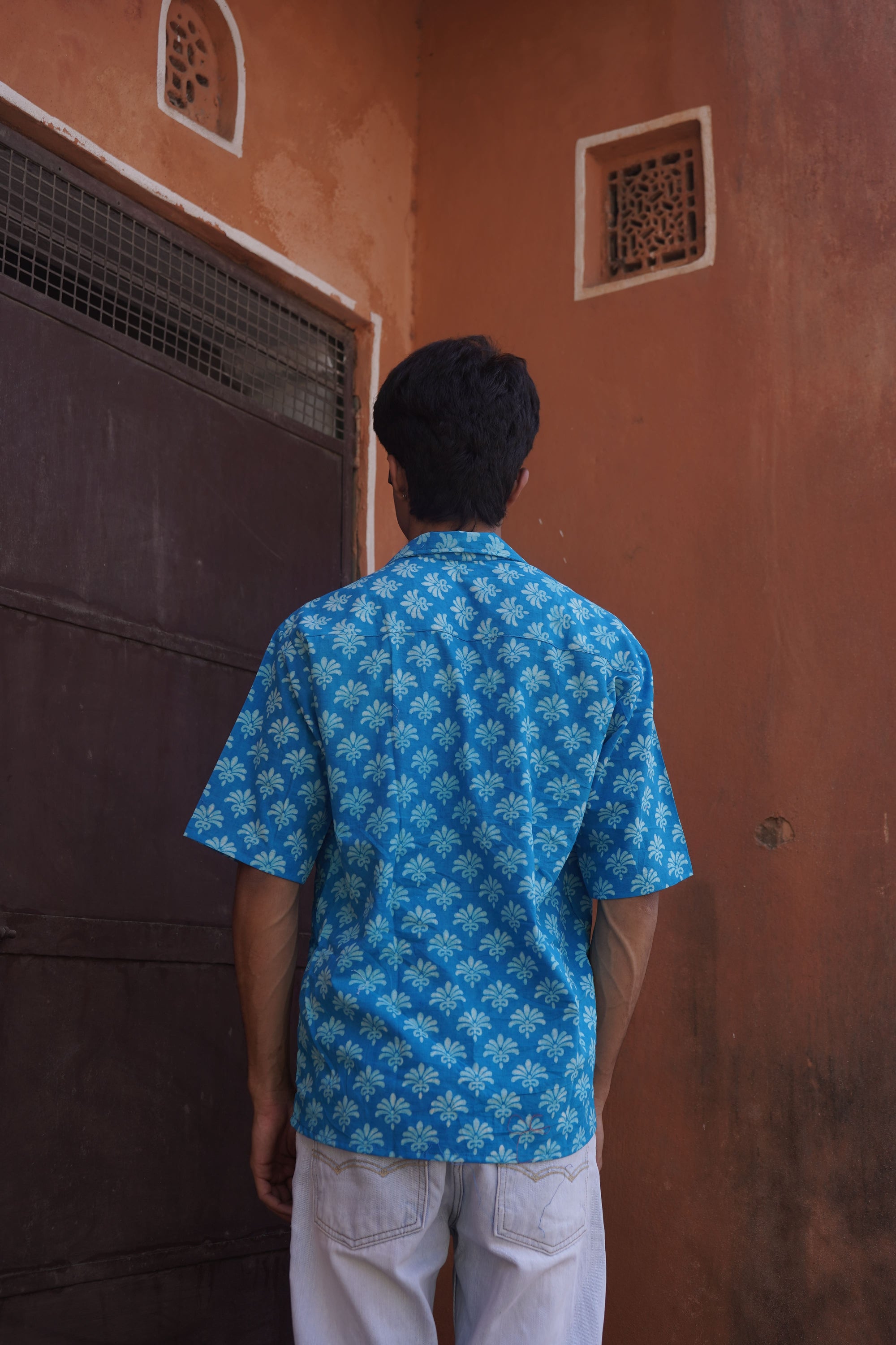 Blue Cotton Hand-block Shirt
