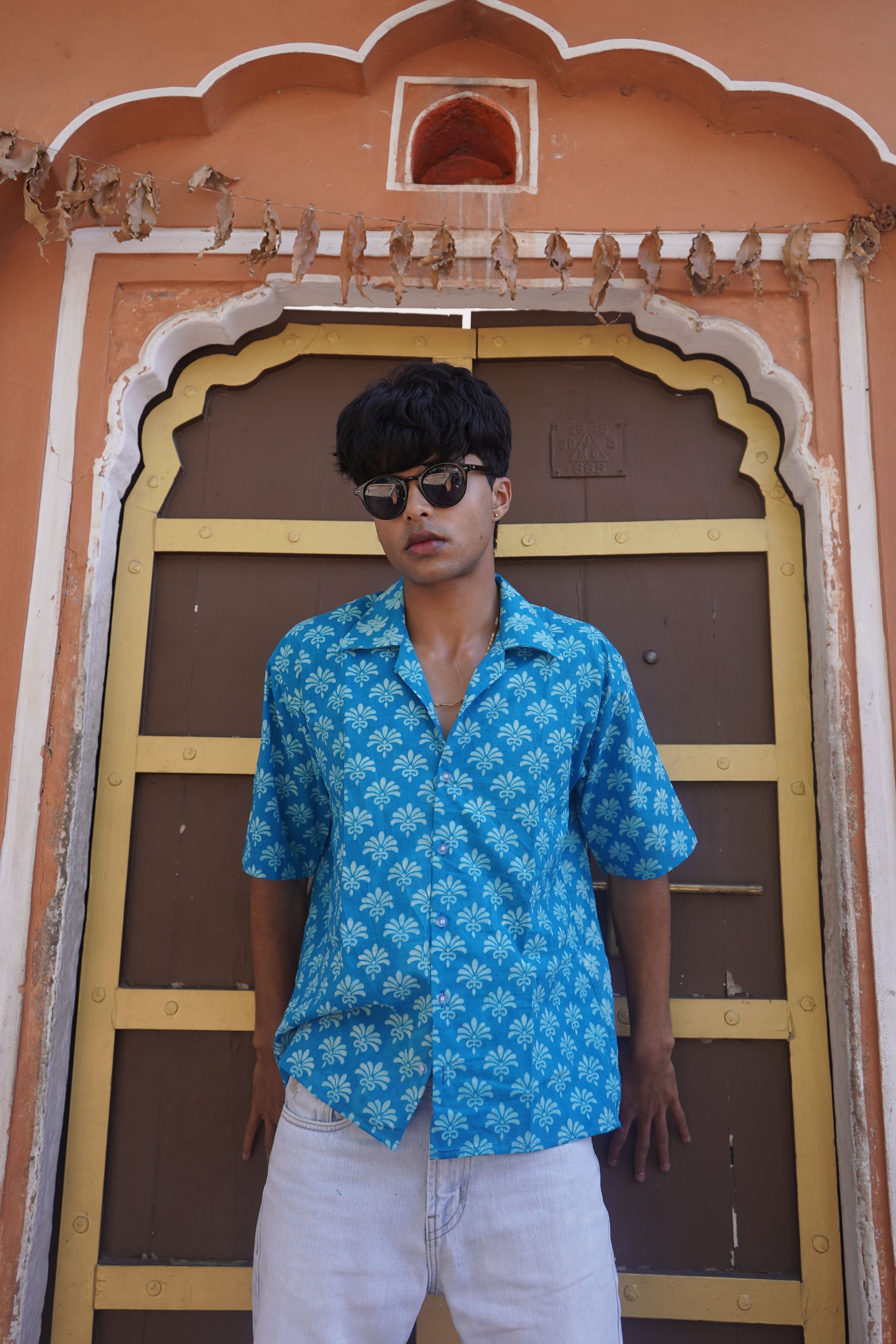 Blue Cotton Hand-block Shirt