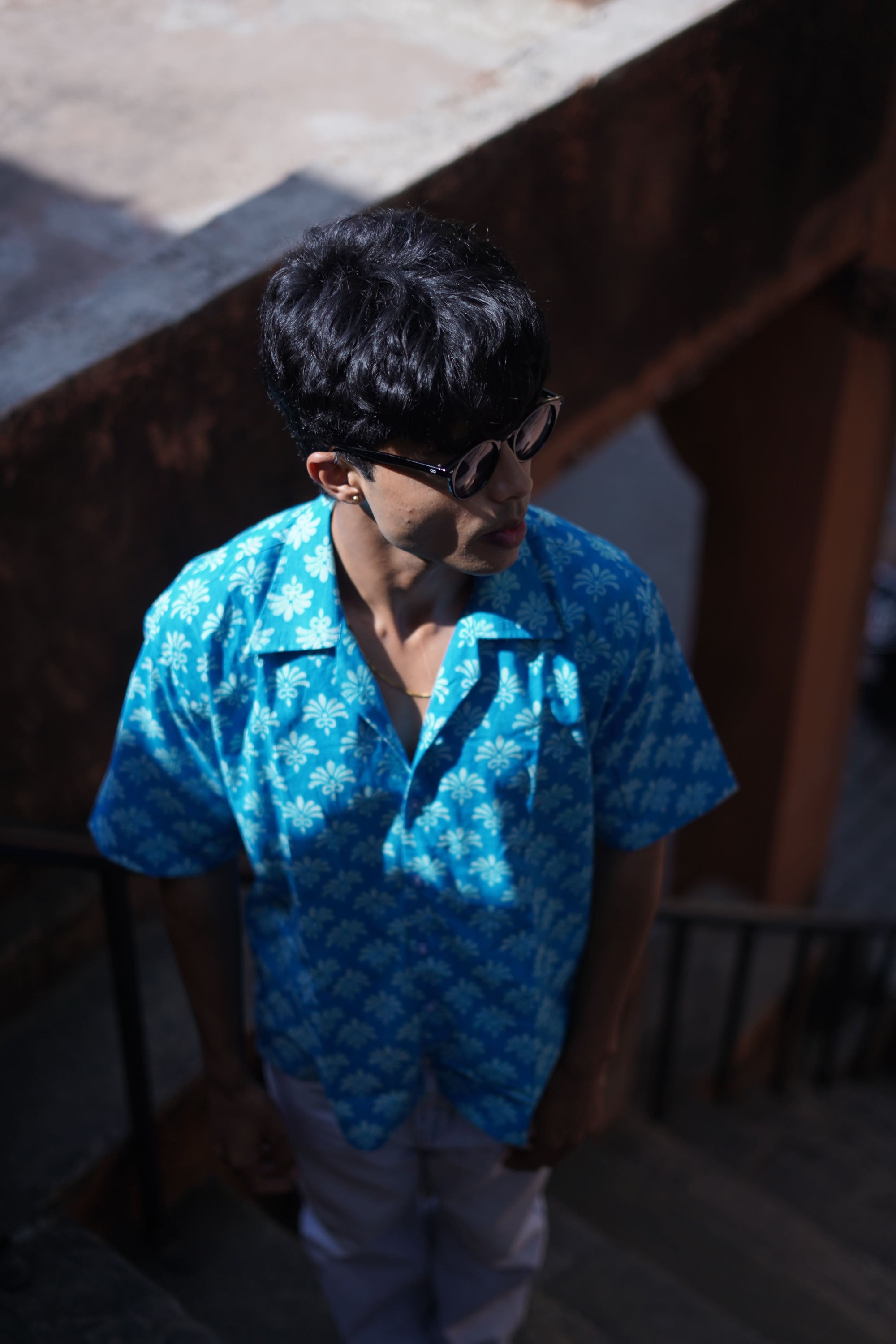 Blue Cotton Hand-block Shirt