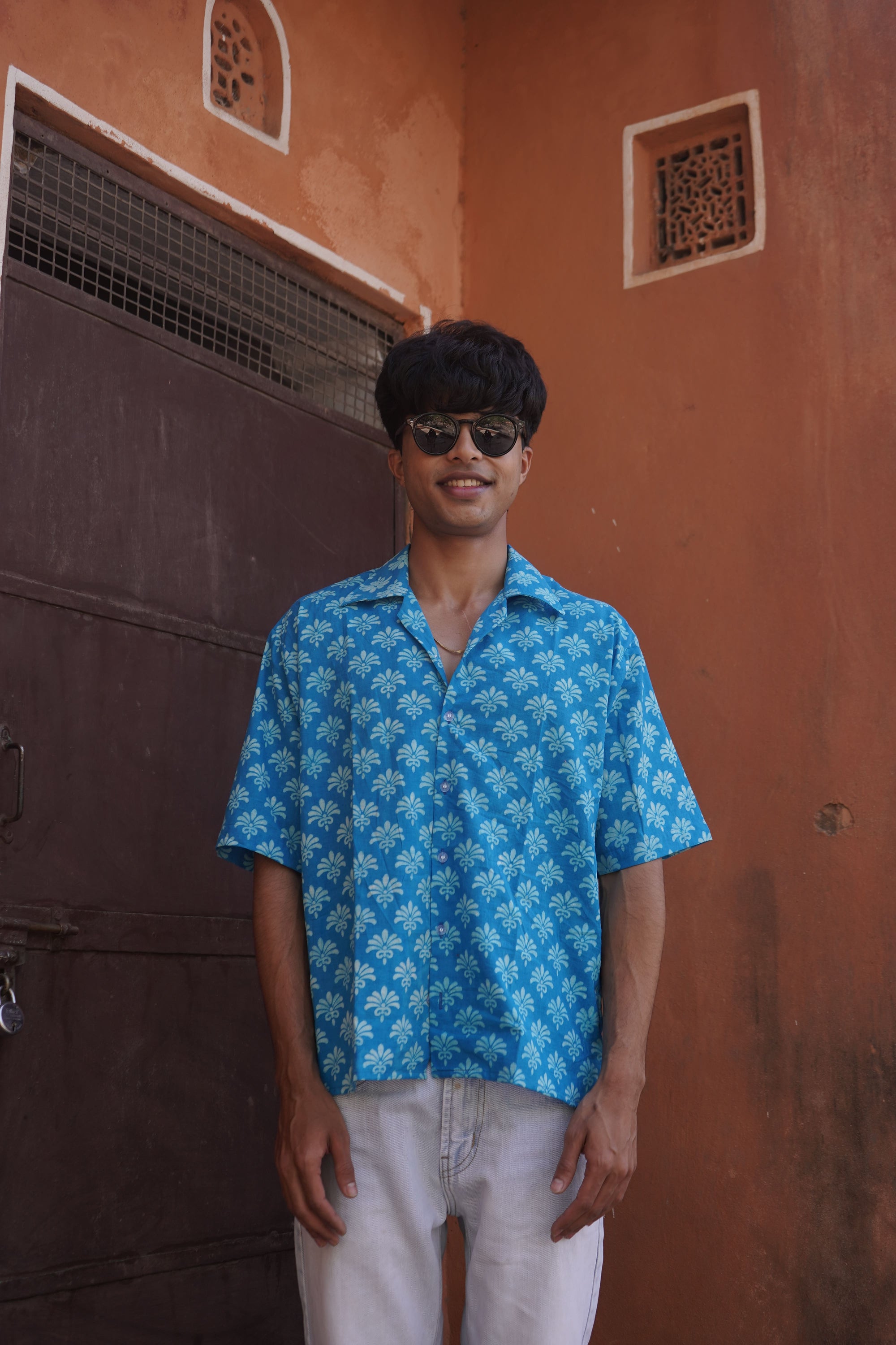 Blue Cotton Hand-block Shirt