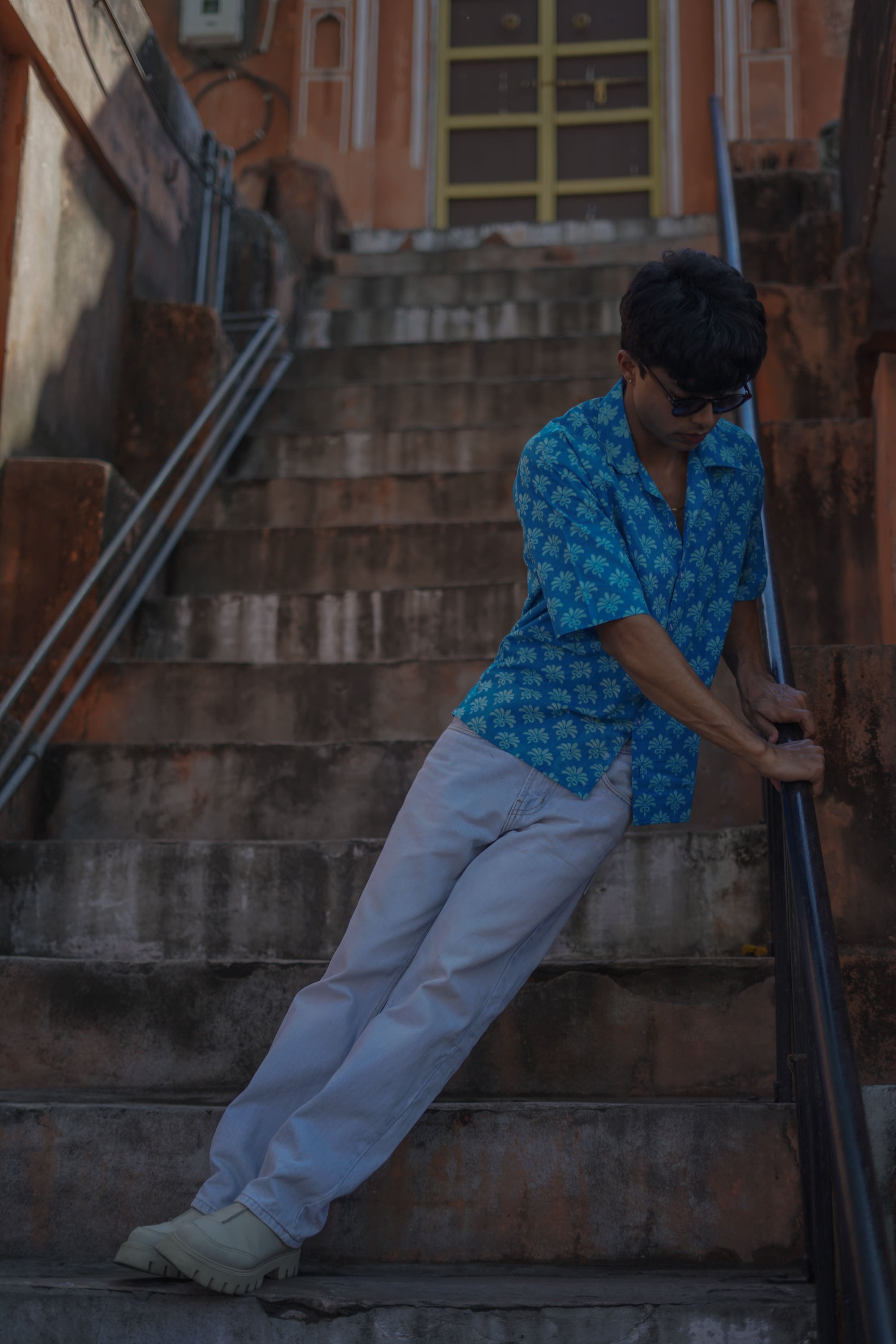 Blue Cotton Hand-block Shirt
