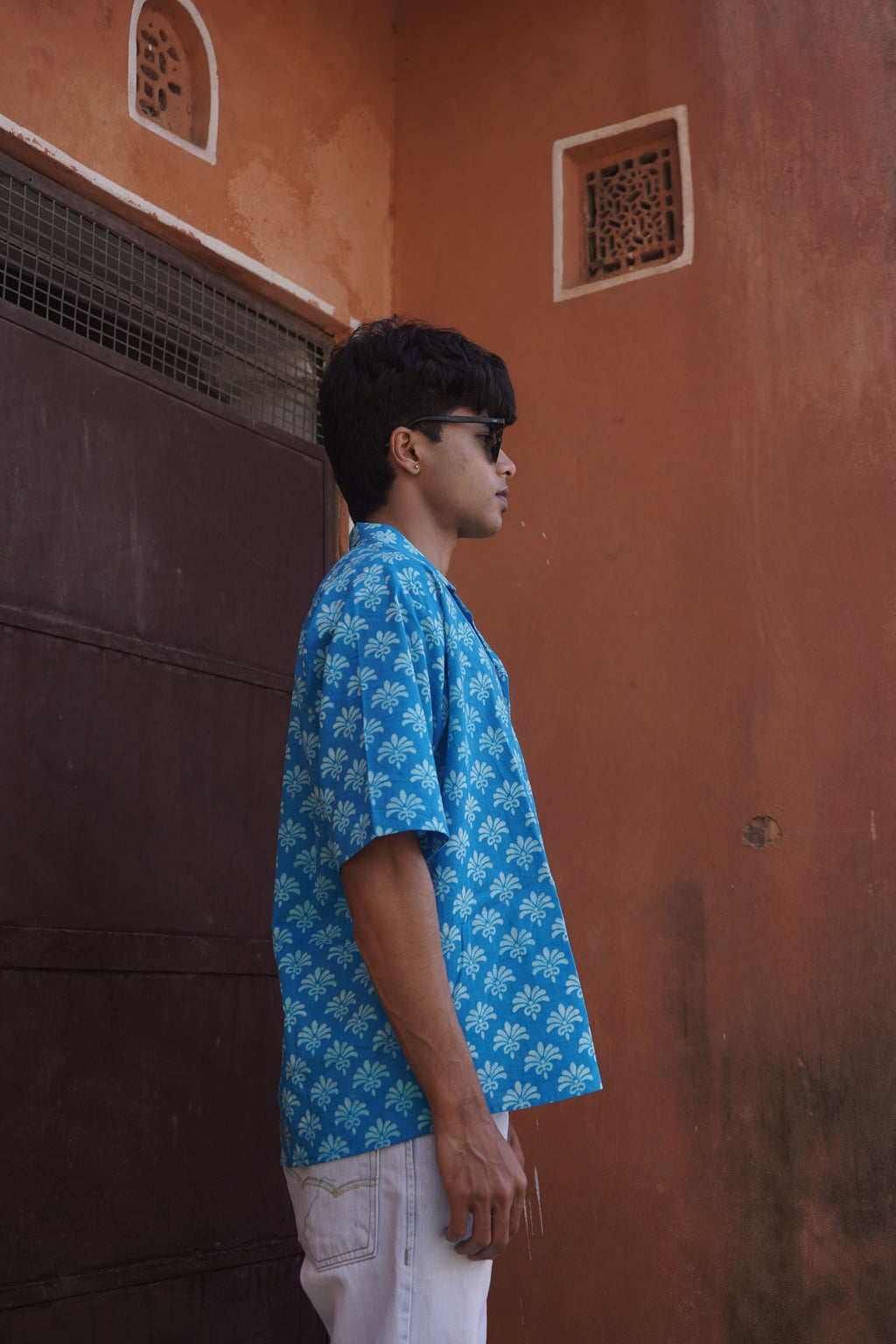 Blue Cotton Hand-block Shirt