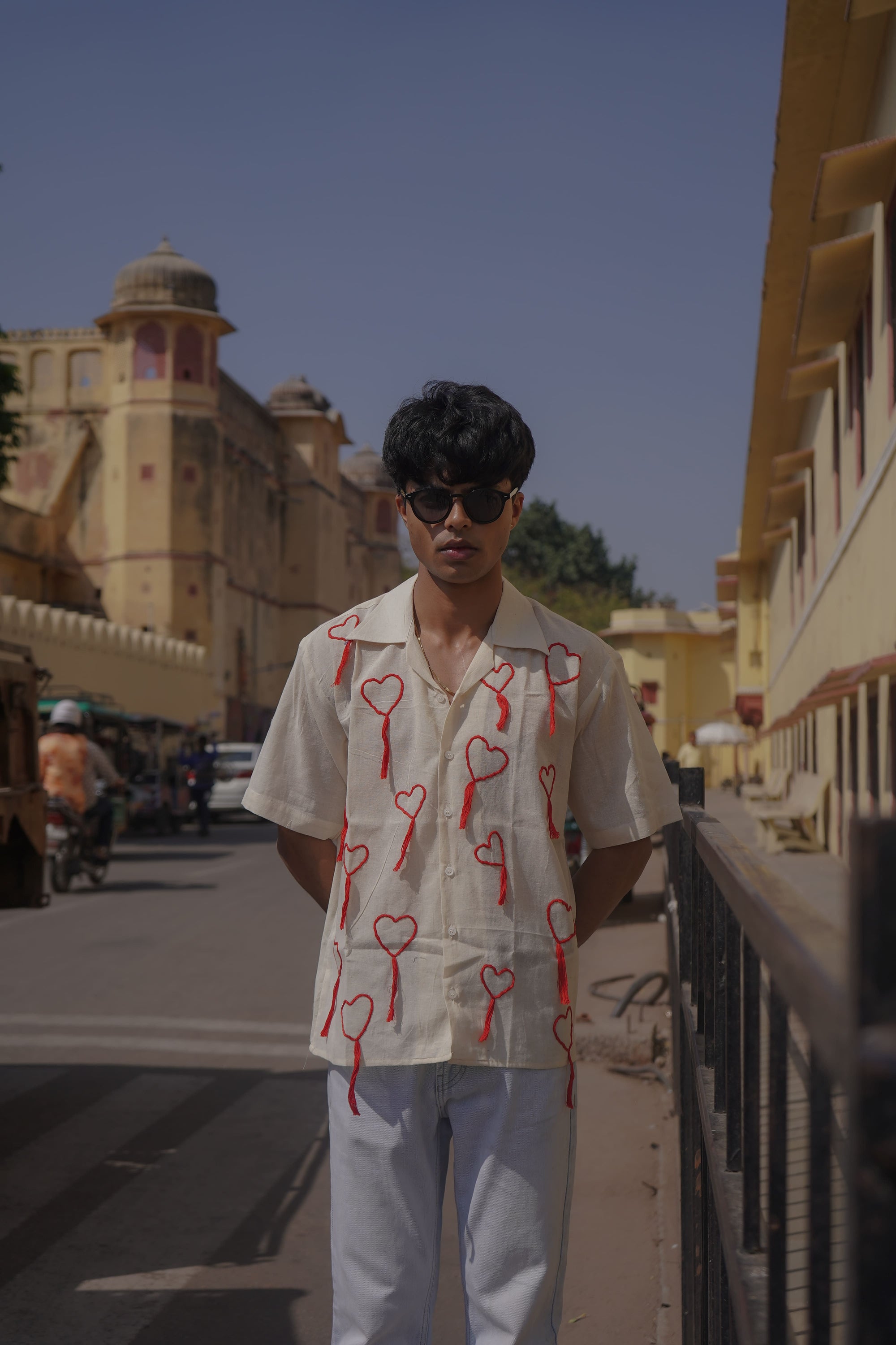 White Handloom Heart Embroidery Shirt