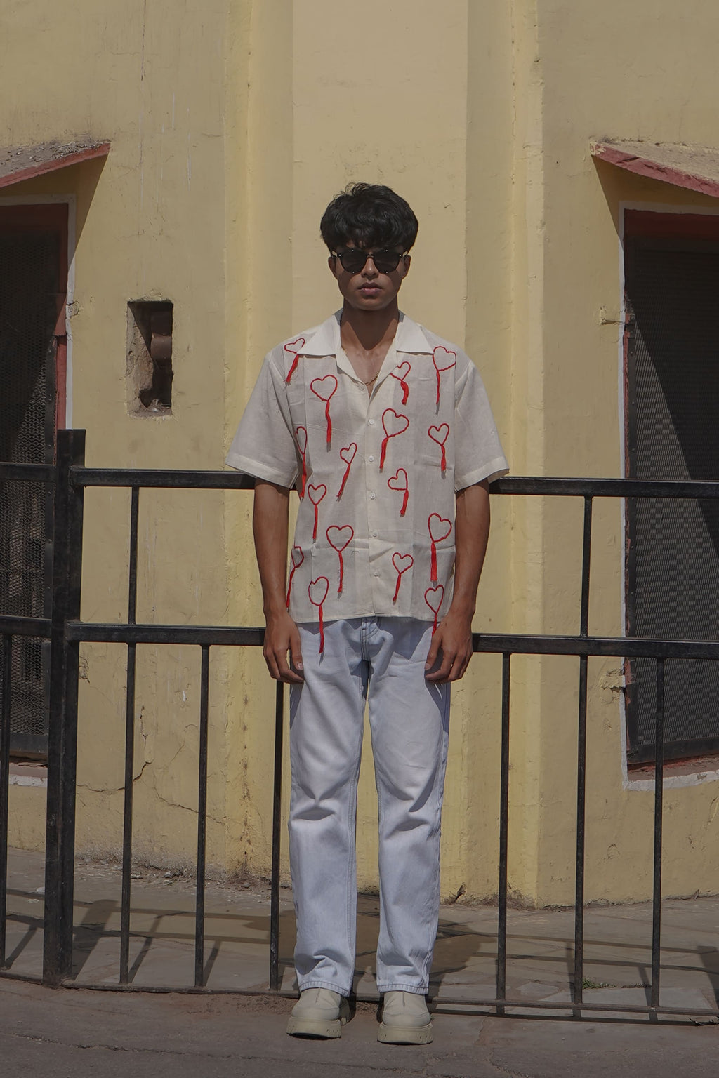 White Handloom Heart Embroidery Shirt