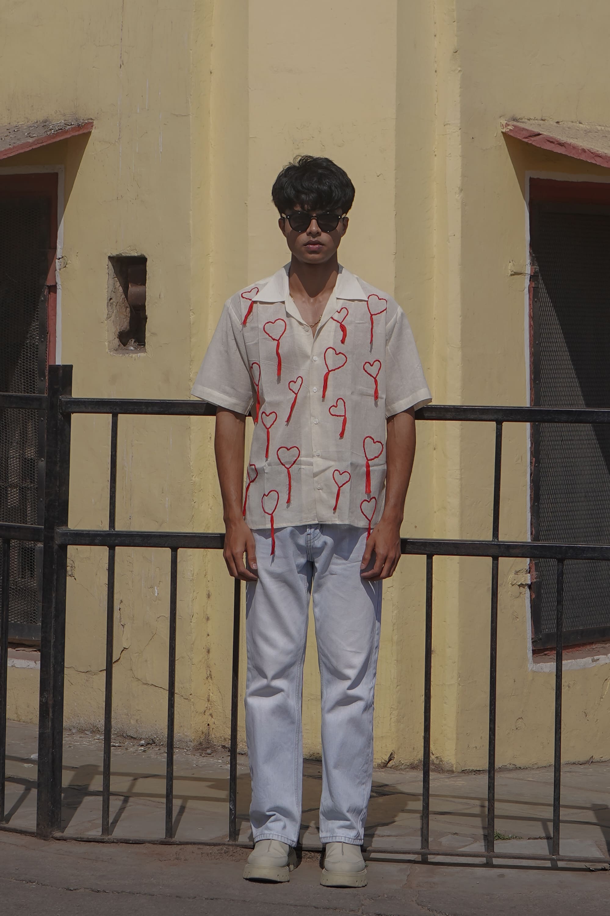 White Handloom Heart Embroidery Shirt