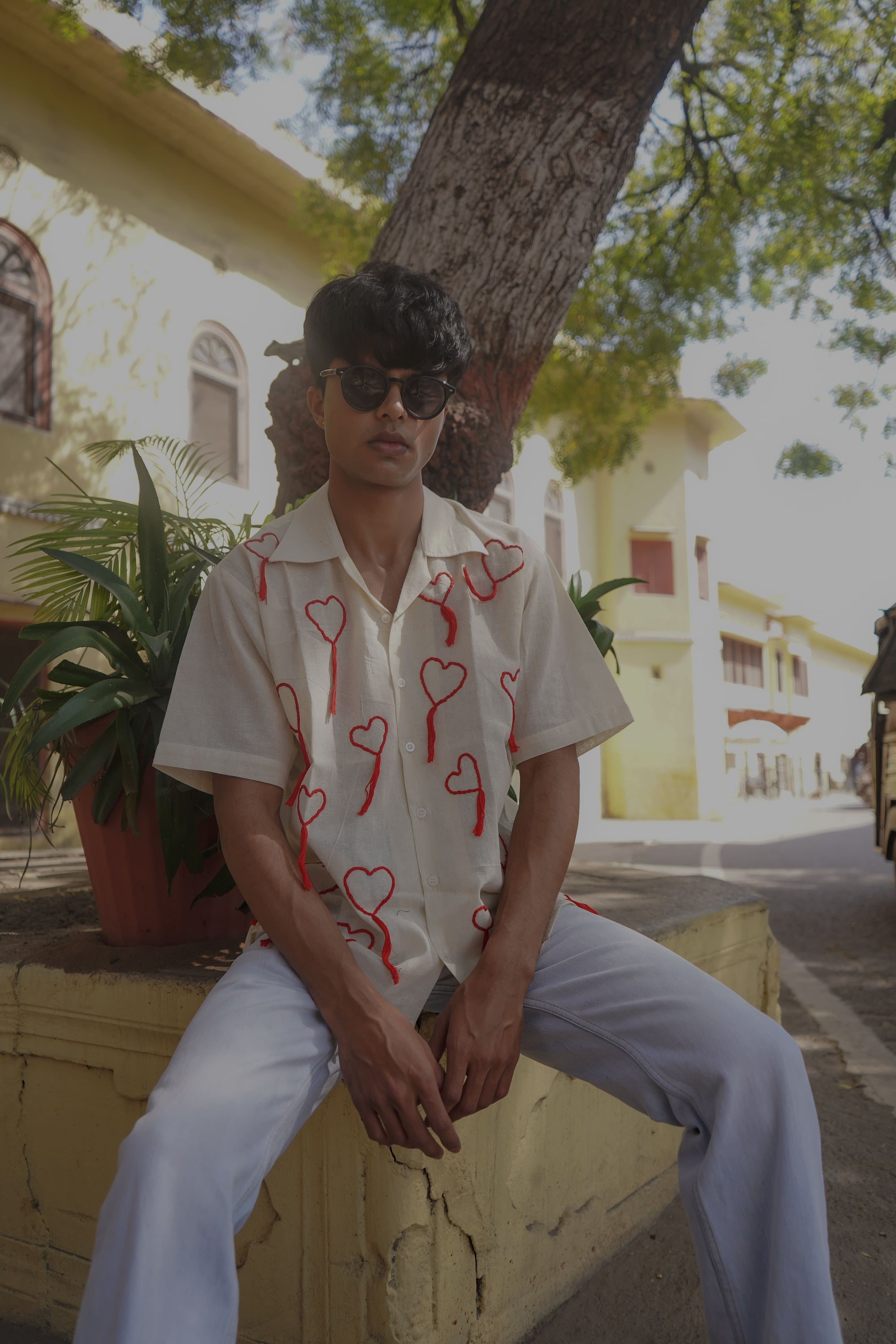 White Handloom Heart Embroidery Shirt