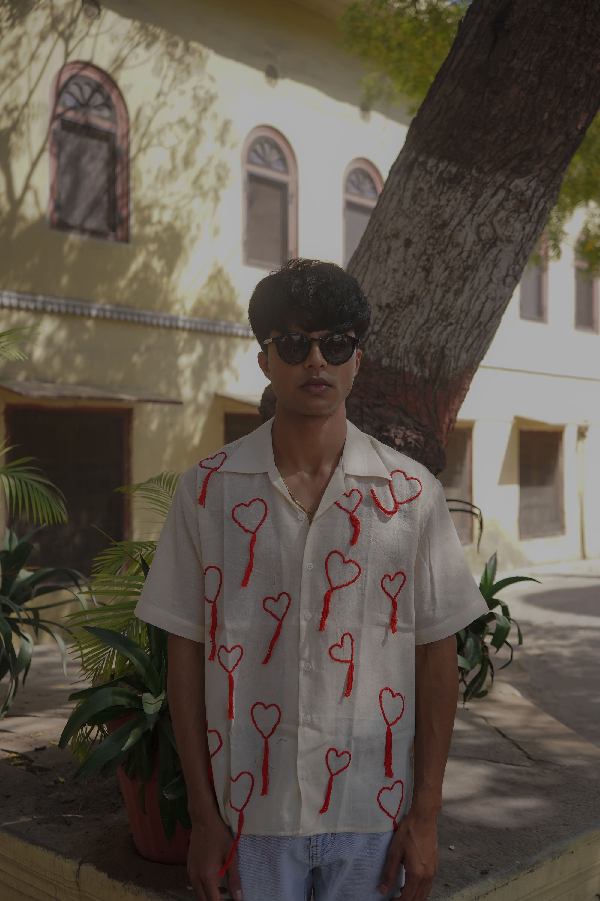 White Handloom Heart Embroidery Shirt