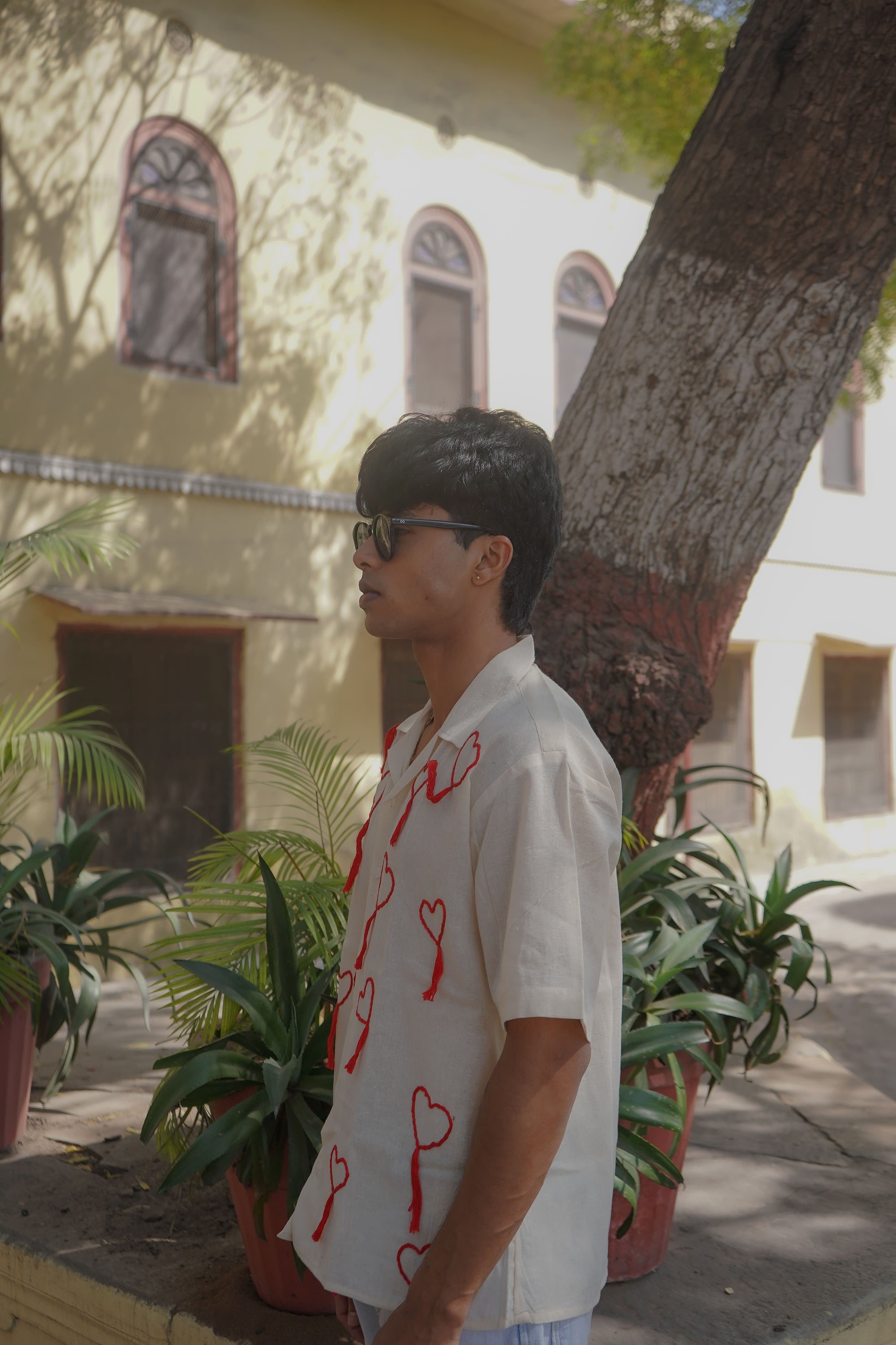 White Handloom Heart Embroidery Shirt