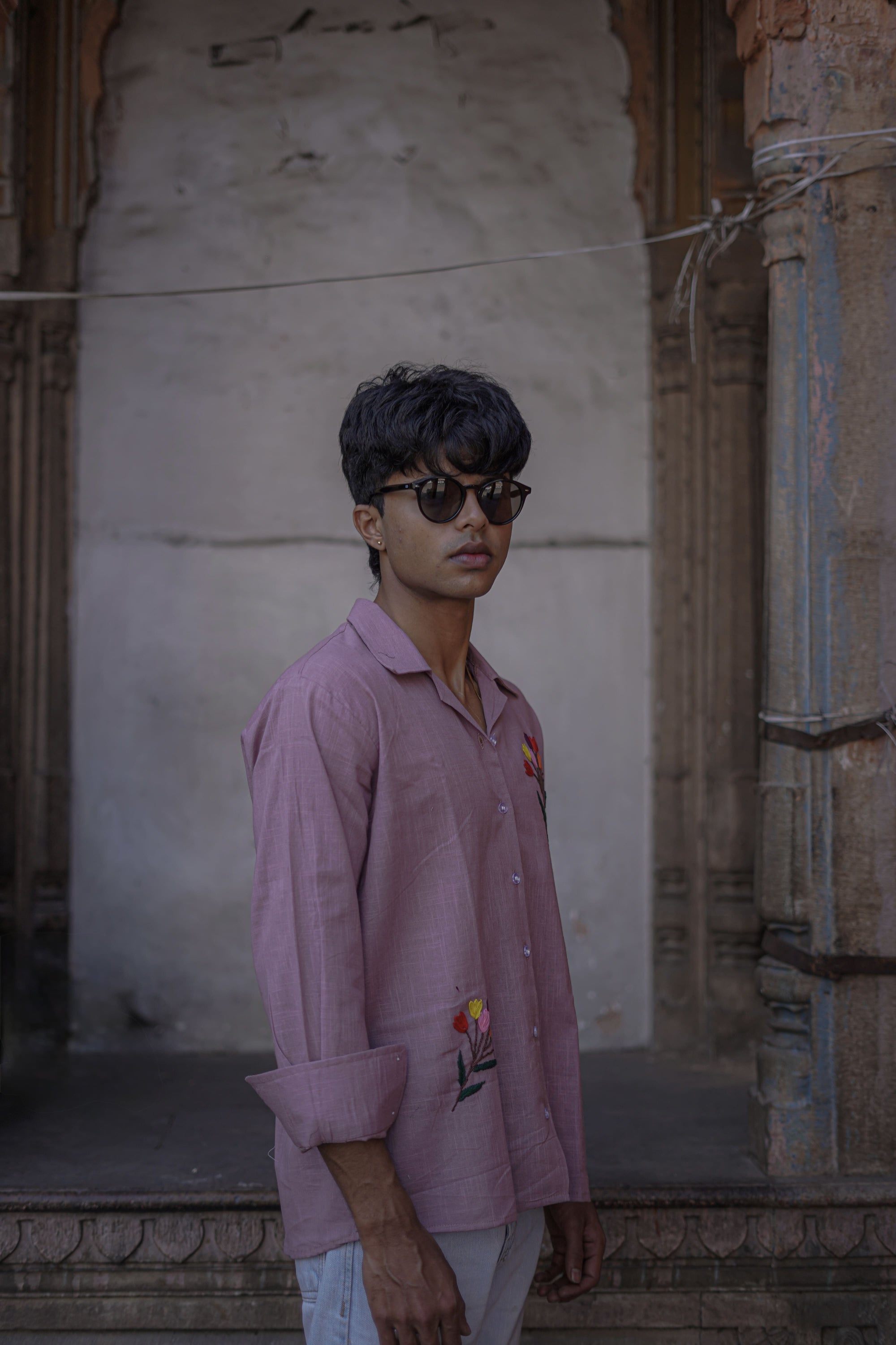 Lavender Full Sleeve Embroidered Cotton Slub Shirt