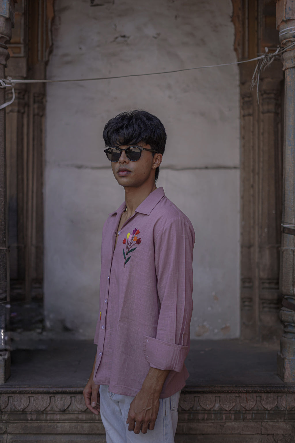 Lavender Full Sleeve Embroidered Cotton Slub Shirt