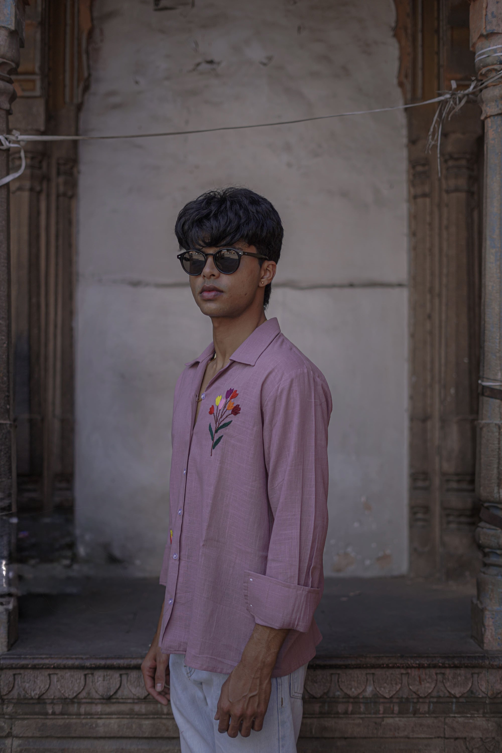 Lavender Full Sleeve Embroidered Cotton Slub Shirt