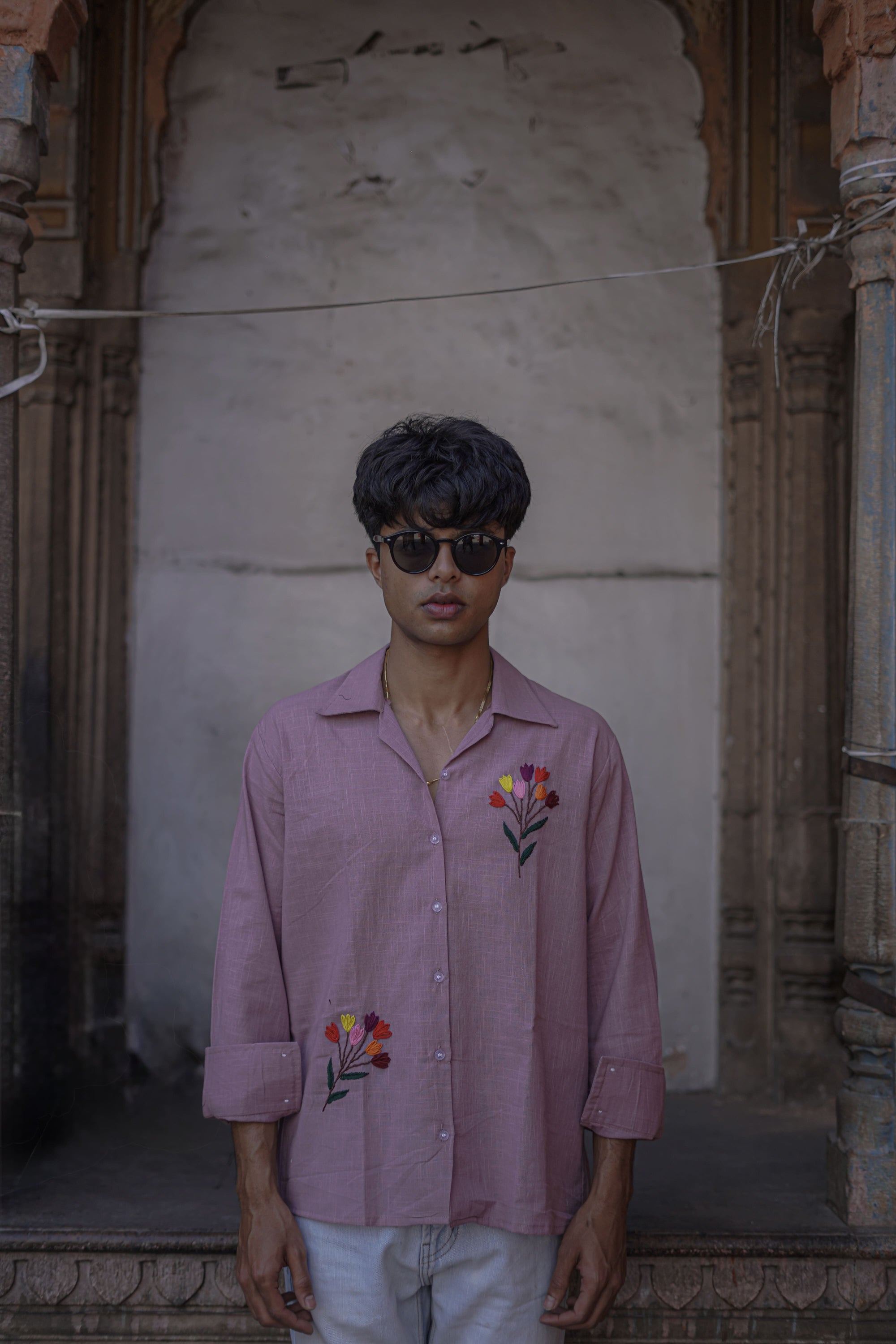 Lavender Full Sleeve Embroidered Cotton Slub Shirt