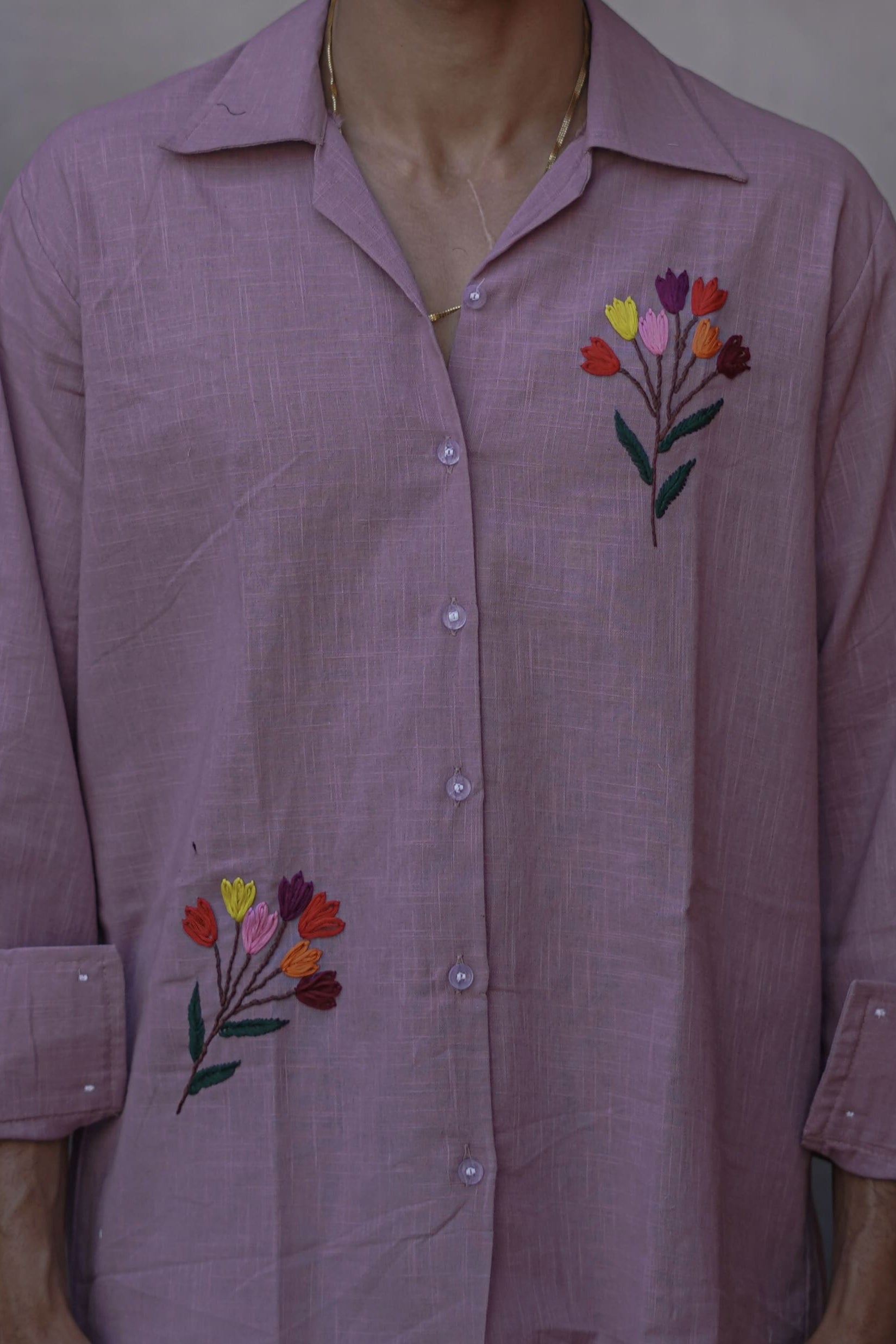 Lavender Full Sleeve Embroidered Cotton Slub Shirt