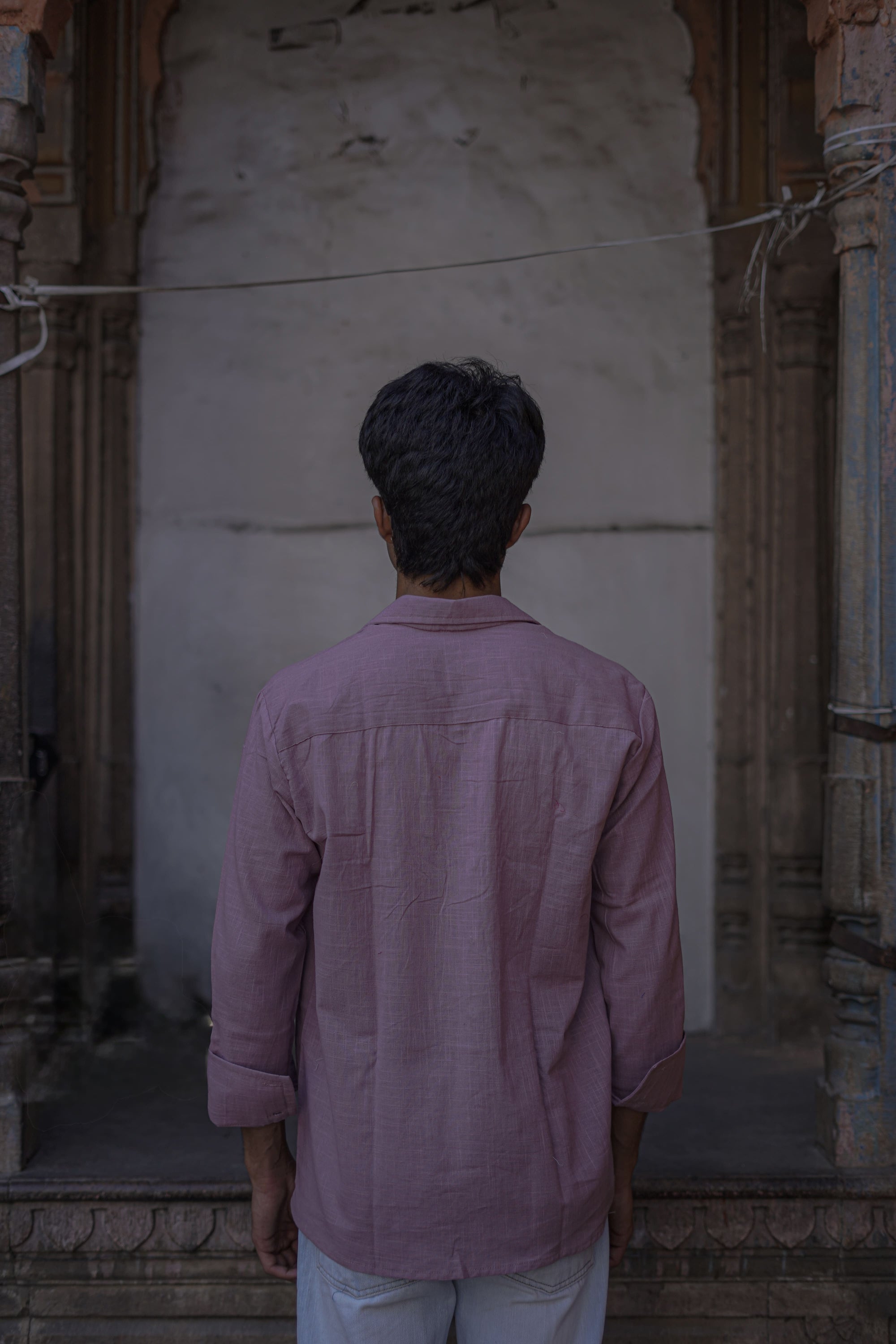 Lavender Full Sleeve Embroidered Cotton Slub Shirt
